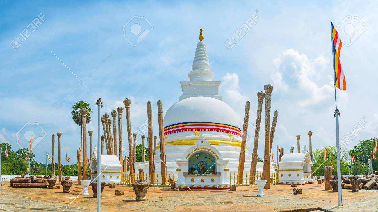 Panoramic View Of Restored Thuparamaya Dagoba With White Bell Shaped Stupa,  Altars, Tilted Vatadage Pillars And Buddhist Flags, Anuradhapura, Sri  Lanka. Stock Photo, Picture and Royalty Free Image. Image 68824450., image size:1300x731
