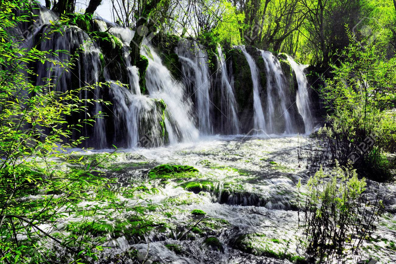 Beautiful Waterfall With Crystal Clear Water Among Green Woods