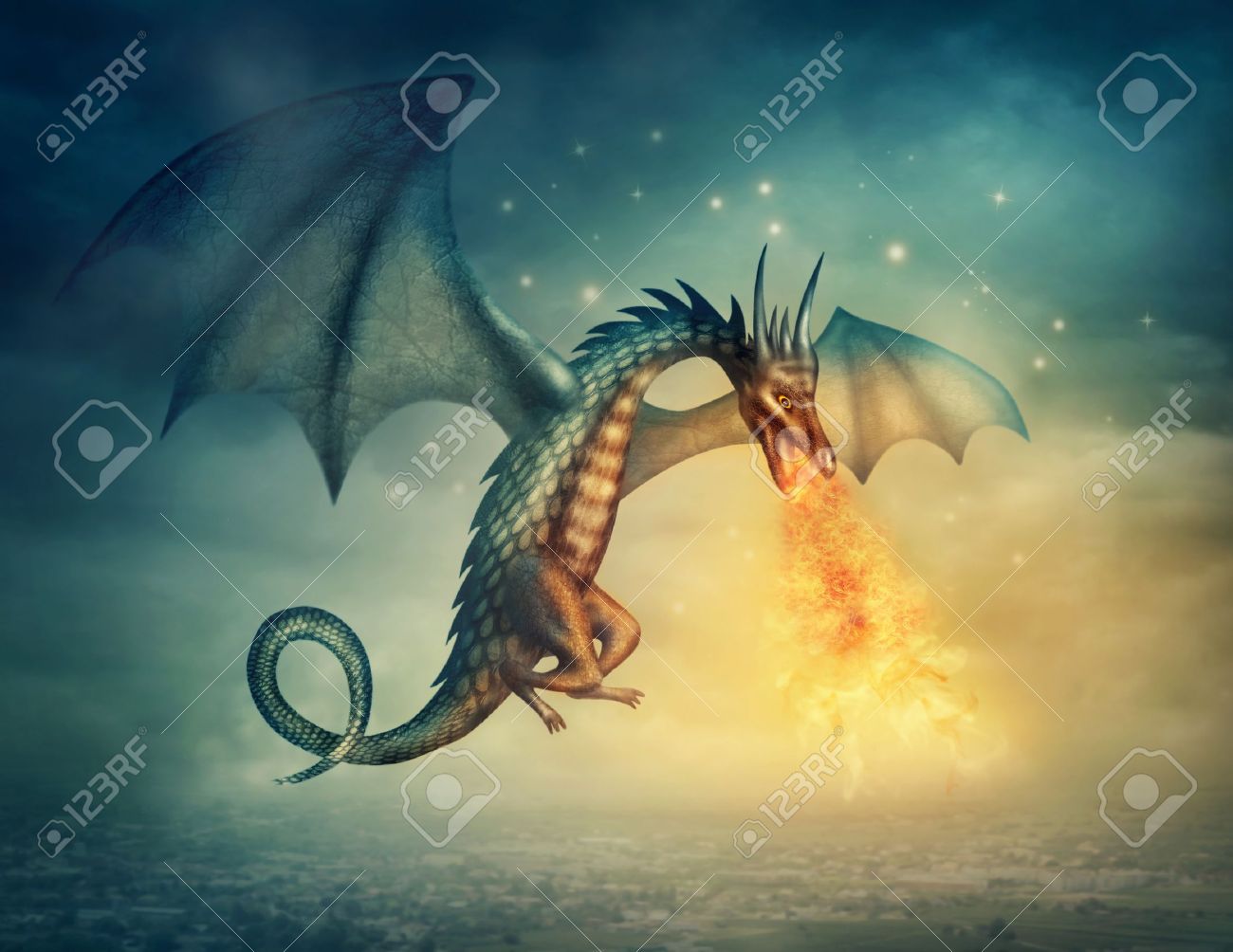 Flying Fantasy Dragon At Night Stock Photo, Picture and Royalty Free Image.  Image 15680855., image size:1300x1004