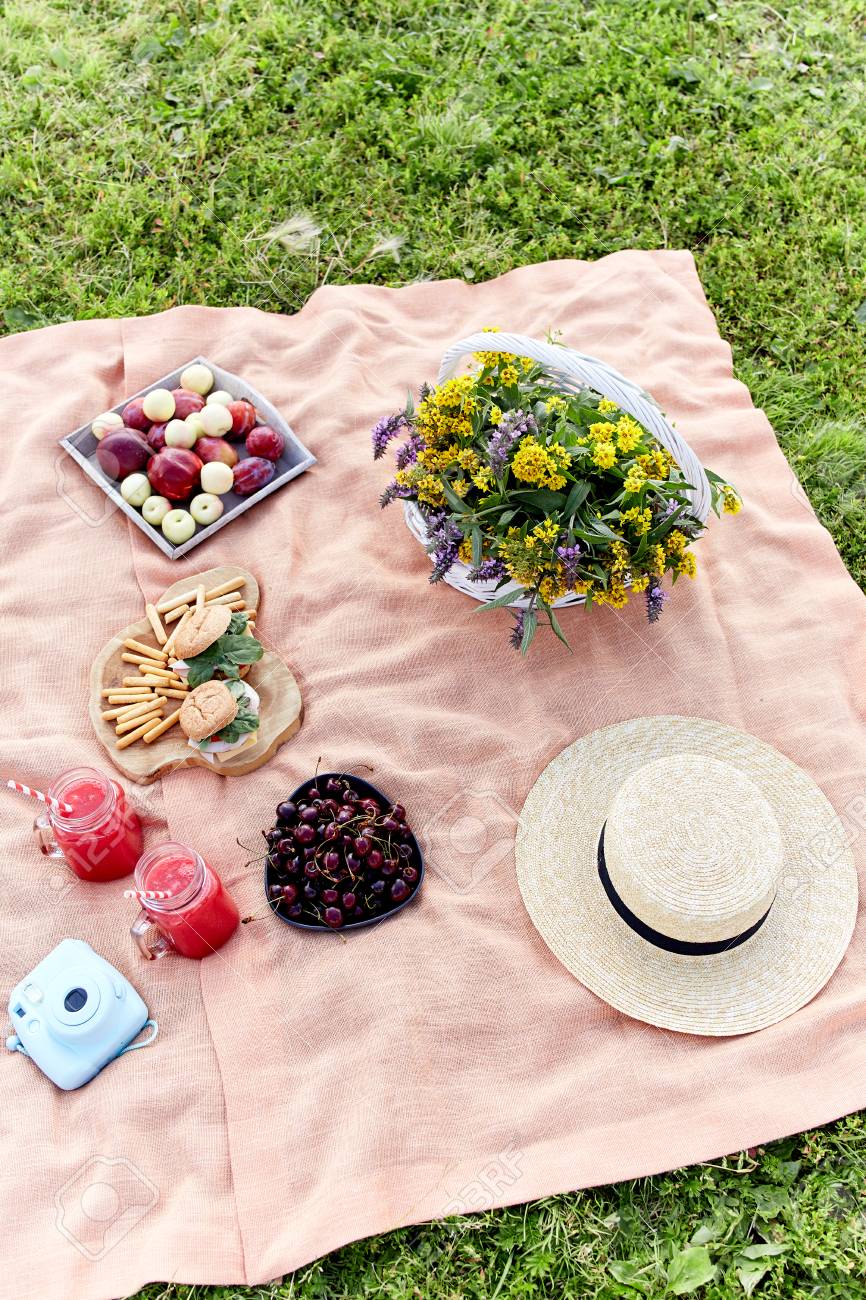 Picnic At The Park On The Grass Tablecloth Basket Healthy Stock Photo Picture And Royalty Free Image Image 82622383