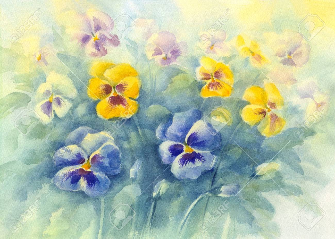 ヴィオラの緑の背景の水彩画の花束の写真素材・画像素材 Image 68704125