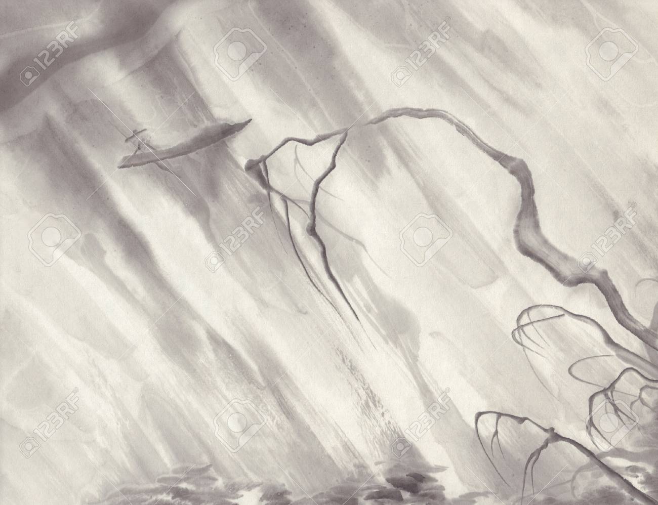 雨の風景水墨画の写真素材・画像素材 Image 83627759