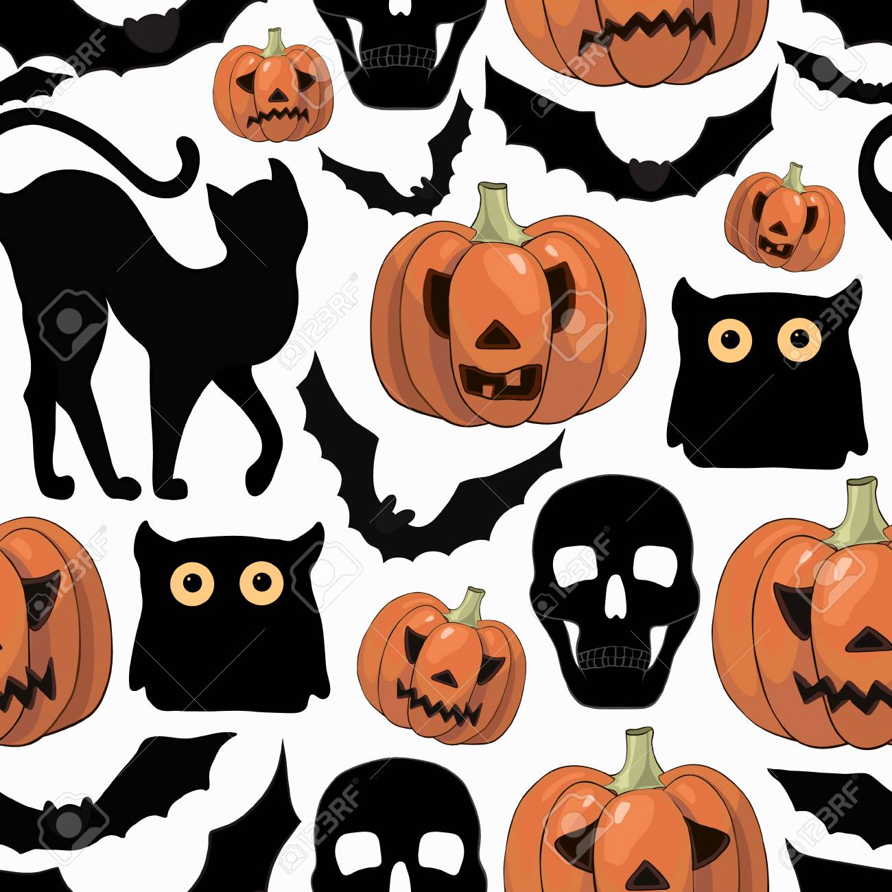 cartoon halloween seamless pattern with cats pumpkins bats