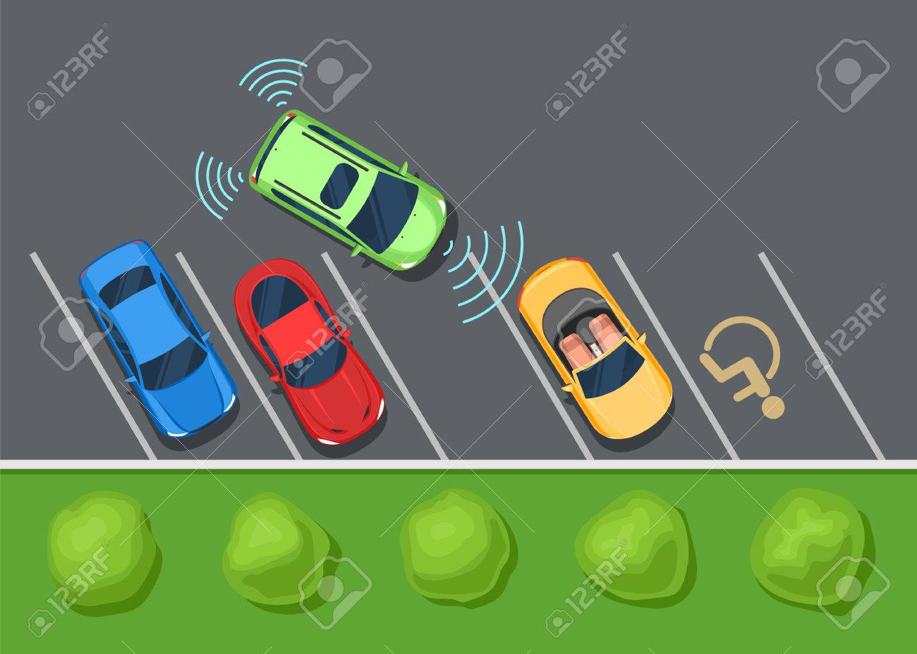 駐車場に駐車している自動車を着色平面図です 駐車アシスト システムの安全性 スマートな車 Web デザインのフラット スタイルの図の背景をカラーまたは印刷 のイラスト素材 ベクタ Image