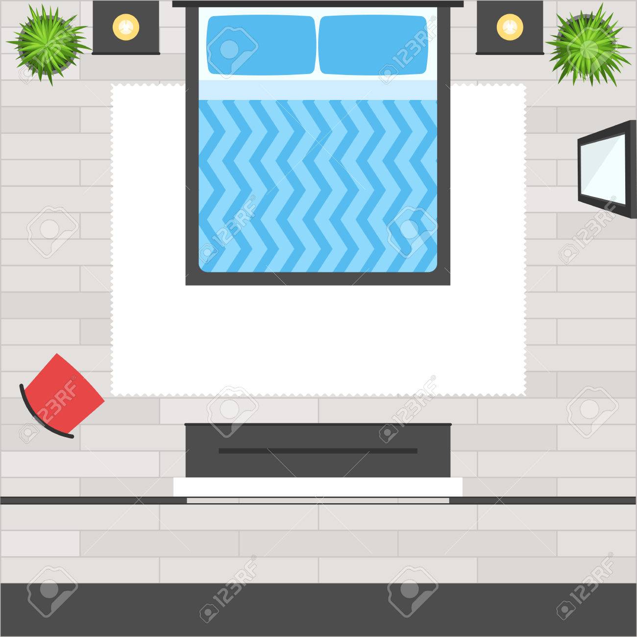 Modern Furniture Top View top view bedroom with bed, furniture, red chair, mirror, wooden Modern Furniture Top View top view bedroom with bed, furniture, red chair, mirror, wooden
