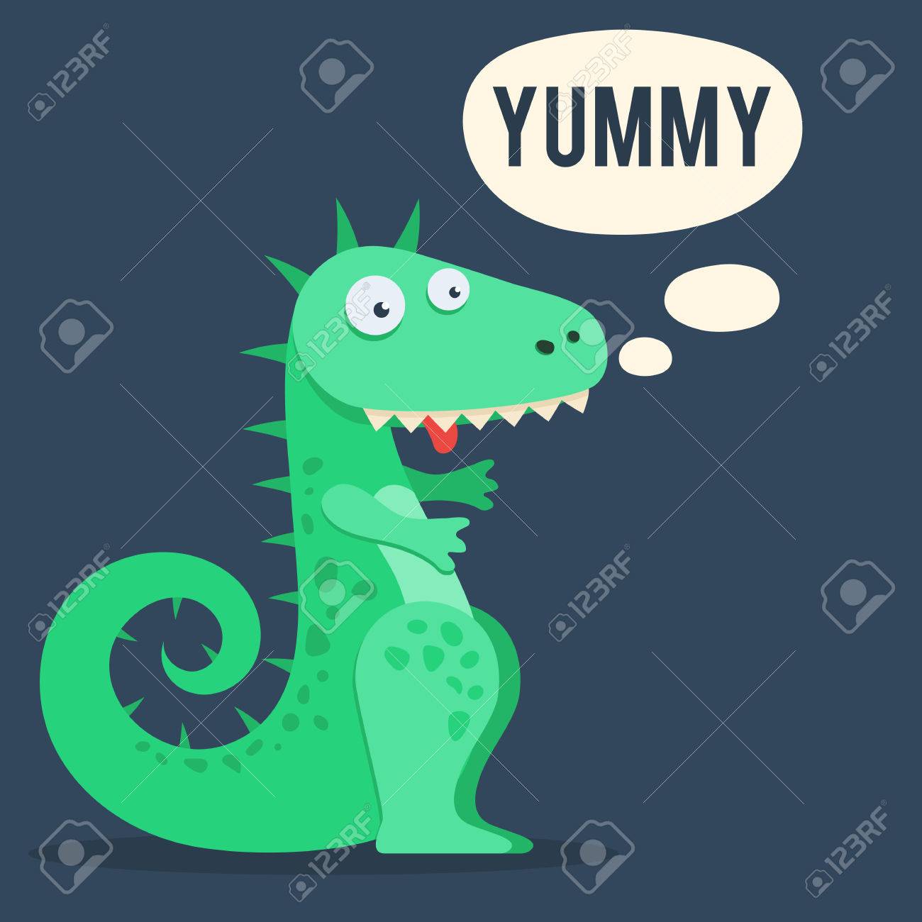 かわいい恐竜 おいしい吹き出し 漫画空腹モンスター ベクトル イラスト トレンディなフラット グラフィック デザイン Web バナーの印刷物 のイラスト素材 ベクタ Image
