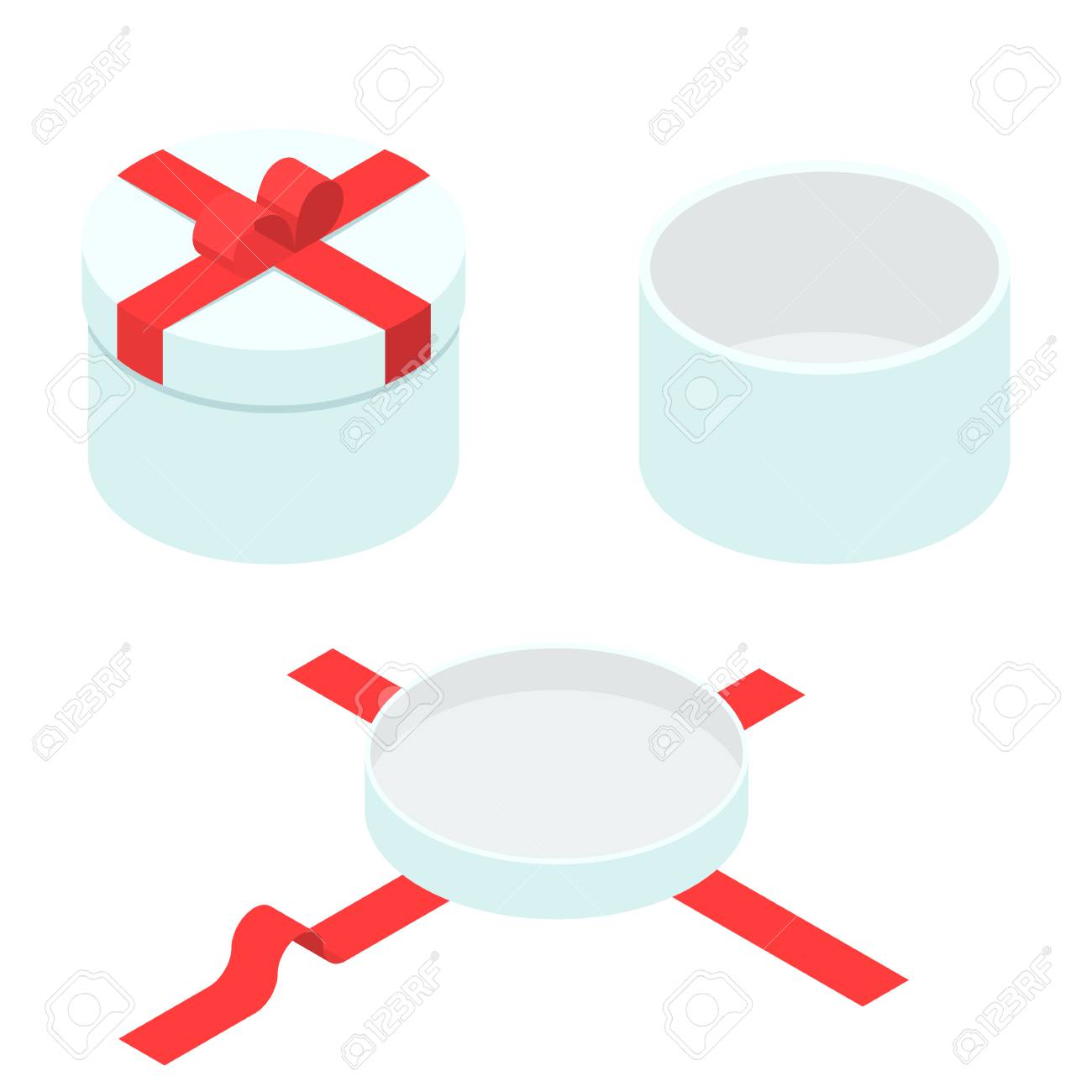 gift box of round shape with red ribbon in the open and closed open and closed form