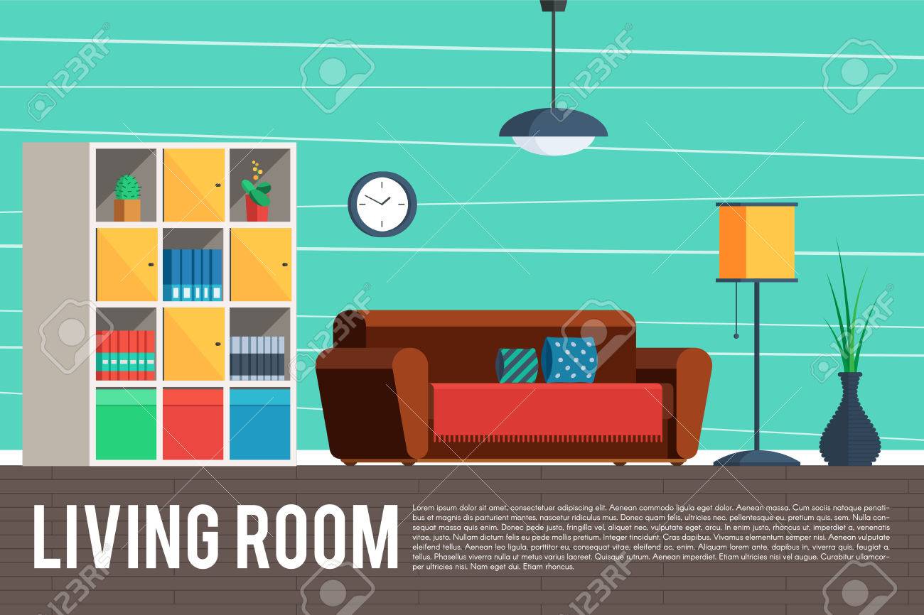 リビング ルームのインテリア デザイン 家具オブジェクト 要素および装置 ベクトル概念イラスト トレンディなフラット グラフィック デザイン Web バナーの印刷物 のイラスト素材 ベクタ Image