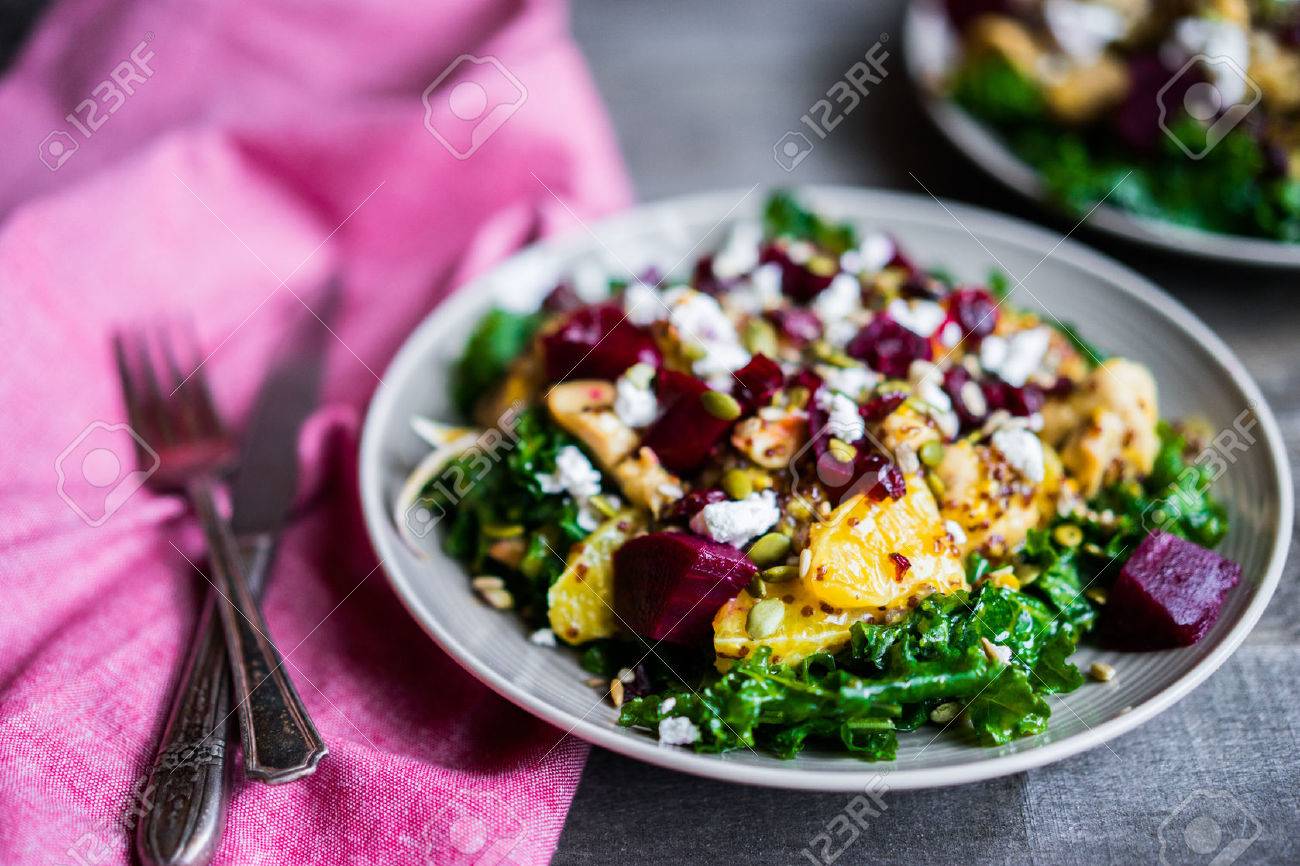 Healthy salad with grilled chicken,kale.beets and goat cheese - 50798195 Healthy salad with grilled chicken,kale.beets and goat cheese - 50798195