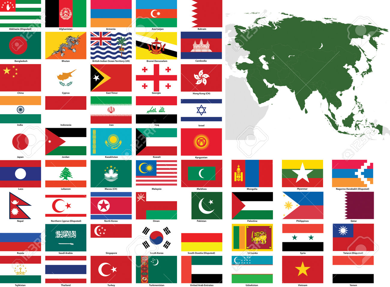 set of flags and maps of all asian countries and dependent