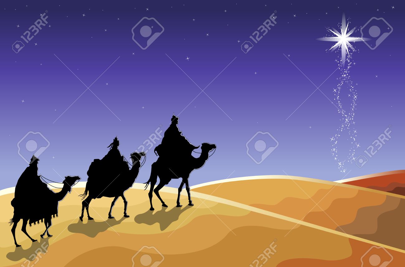 Carte De Noel Religieuse Avec Les Rois Mages Suivant L Etoile Montante Vector Illustration Sauve Comme Eps Ai 8 Aucun Effet Les Gradients Simple Clip Art Libres De Droits Vecteurs Et Illustration