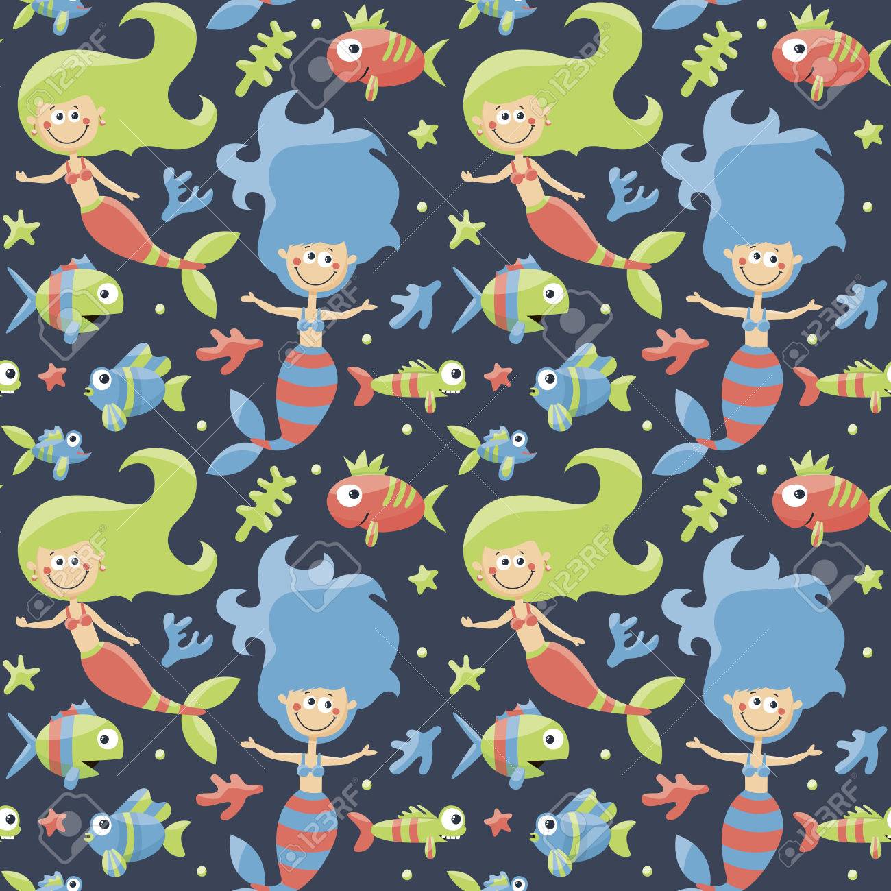 人魚 魚類 藻類 ヒトデ サンゴ 海底 バブル グラフィック インテリア水槽形状オブジェクト面白いコレクションと海洋のかわいいシームレス パターン の イラスト素材 ベクタ Image