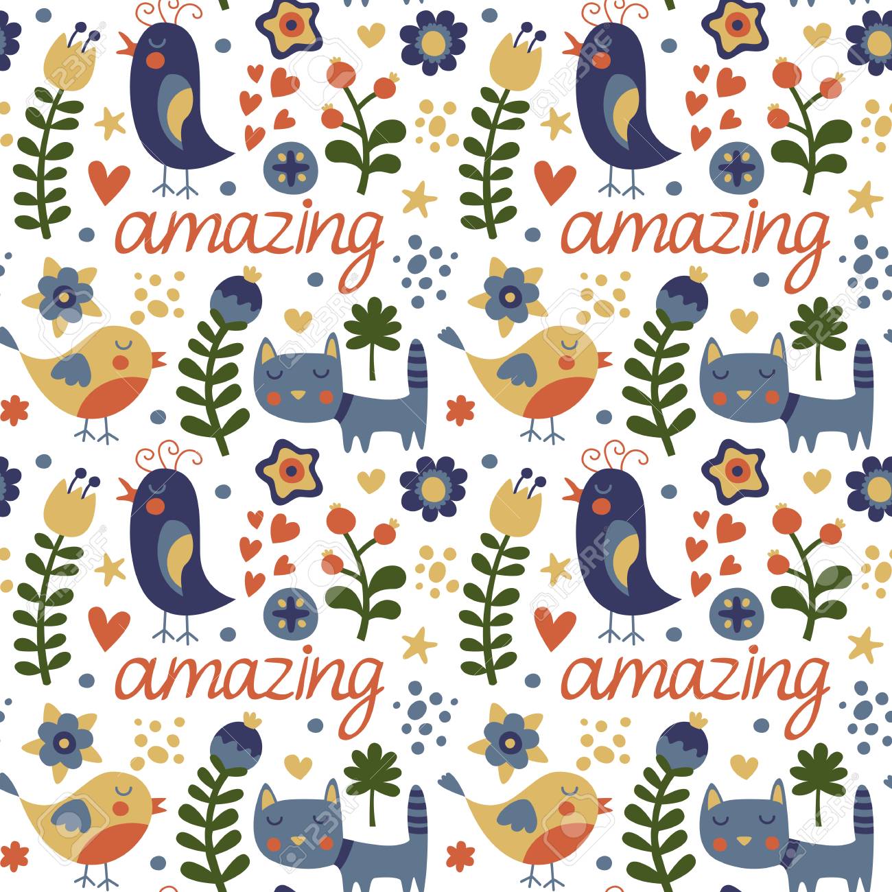 Seamless Avec Des Oiseaux Dessin Animé Enfant Chat Chaton