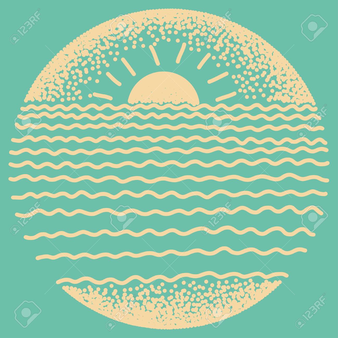 太陽 海の波と砂と海の夕日 ドットやライン現代デジタル図面イラスト のイラスト素材 ベクタ Image