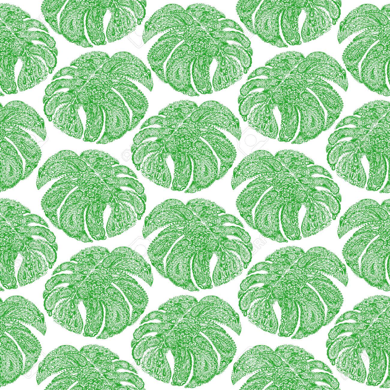 モンステラは ペイズリーのスタイルでの図を残します 熱帯のジャングルの植物 ベクトルの壁紙のシームレスなテキスタイル パターン レトロなビンテージ スタイルです 緑の色 の写真素材 画像素材 Image