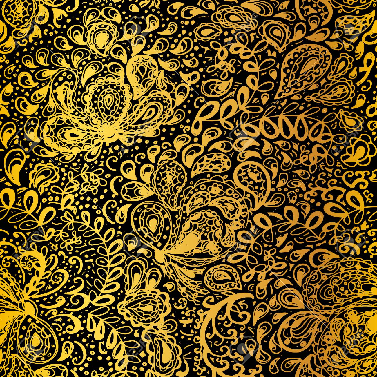 花の落書きのシームレスな壁紙パターン ペイズリー飾りイラスト 手描きの花を持つ繊維 ゴールド色です のイラスト素材 ベクタ Image