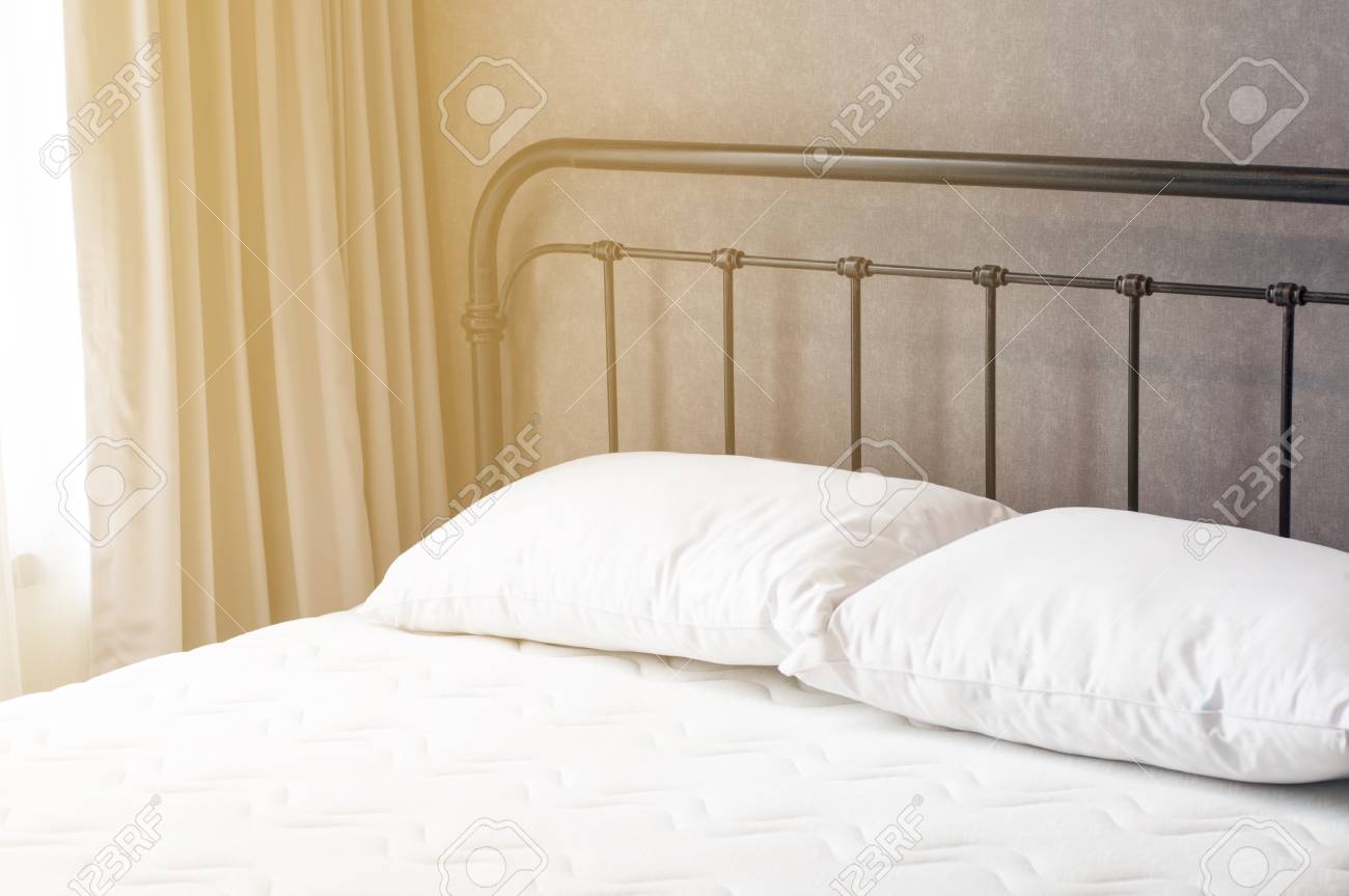 Clean Vintage Bed Black Flame White Mattress 2 Pillows And