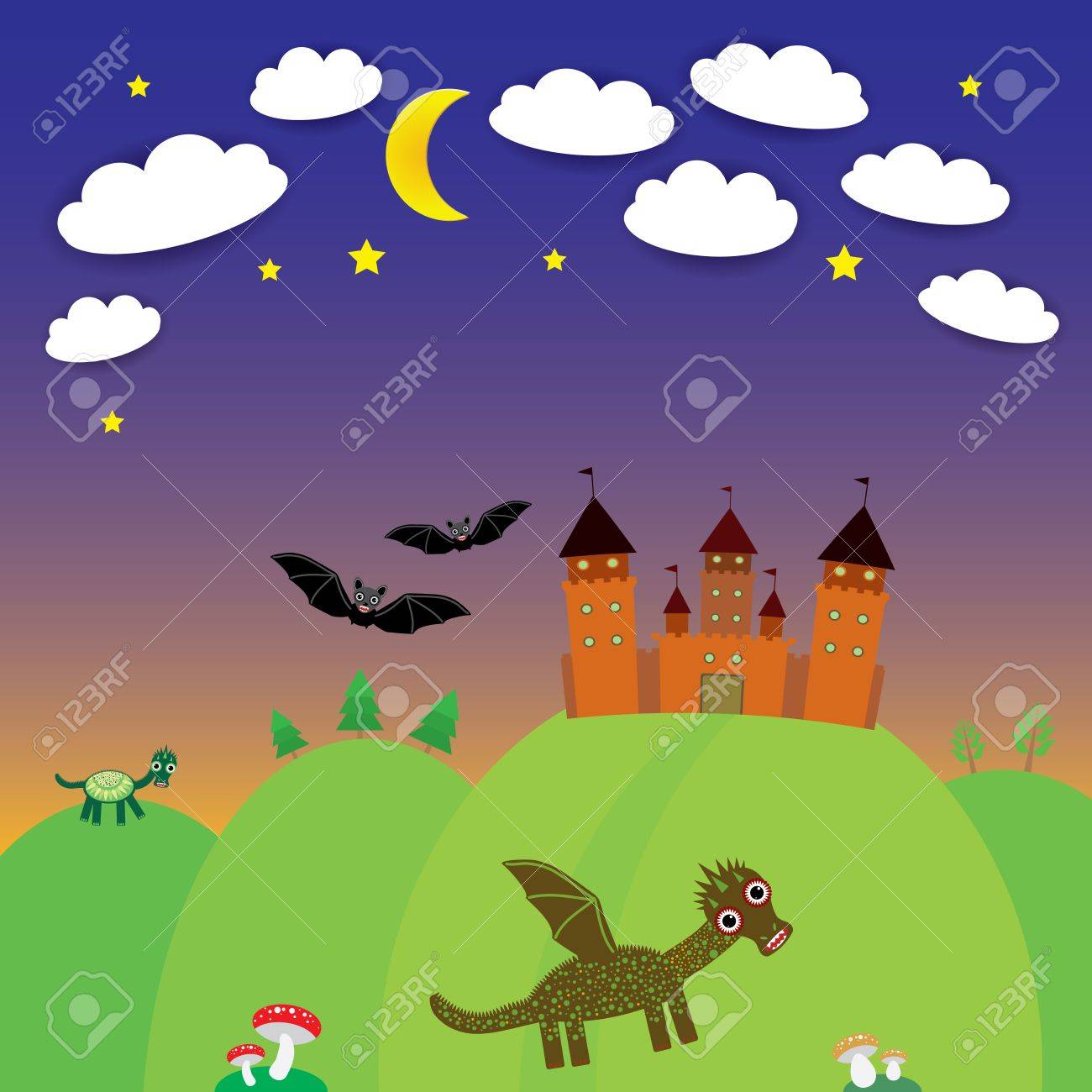 Landscape With Castle Wizard Cartoon Dragon Bats Night Vector Royalty Free Cliparts Vectors And Stock Illustration Image