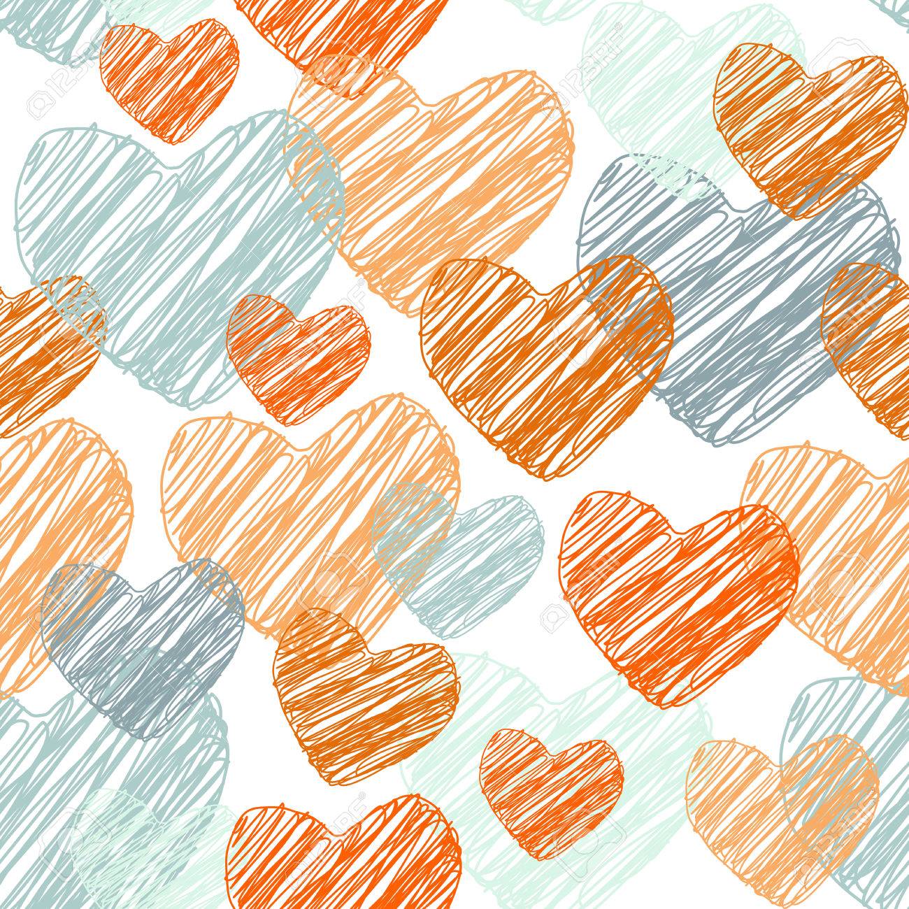 落書き面白いシームレス パターンとオレンジと青のハート ベクトルのイラスト素材 ベクタ Image