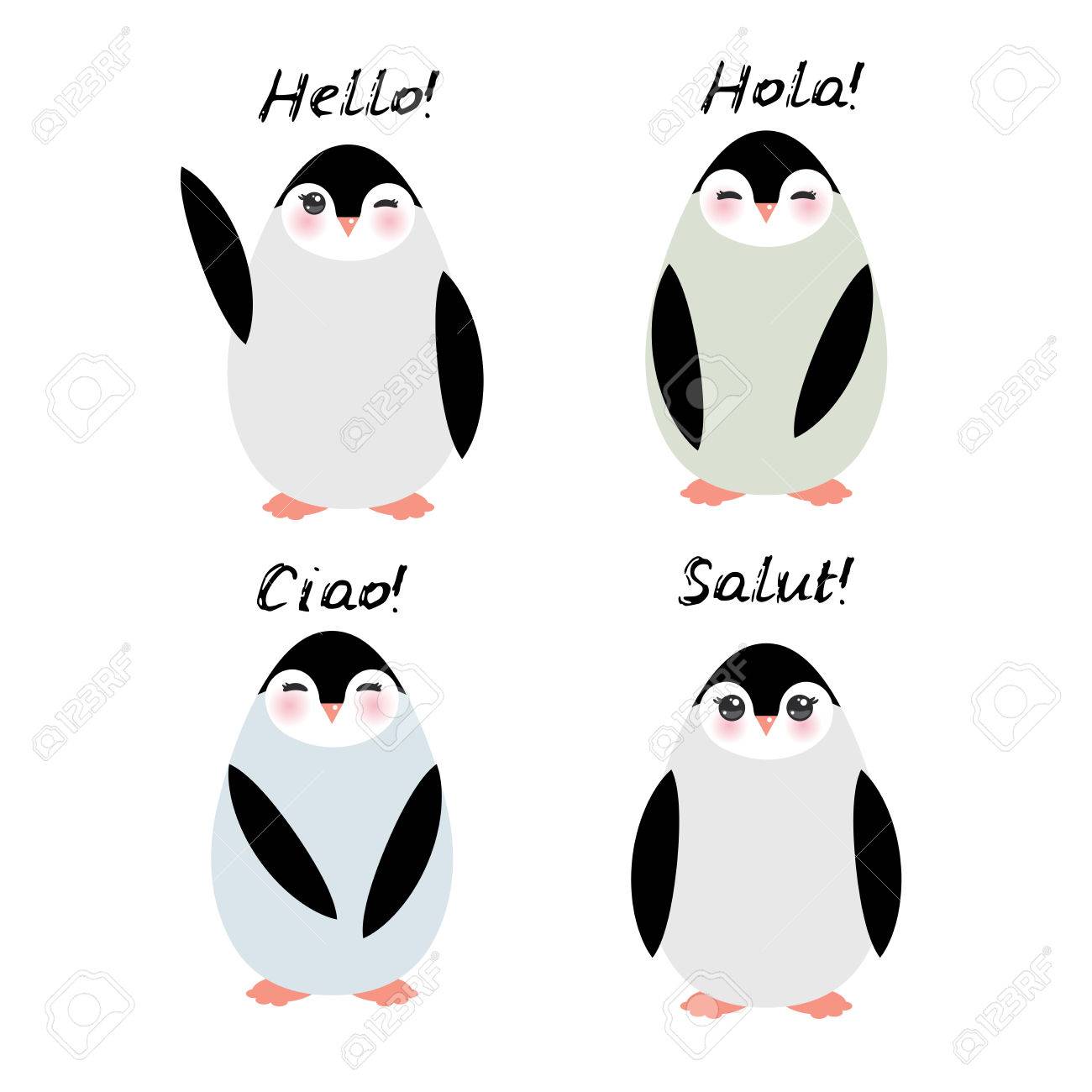 白い背景の上の面白いペンギン 英語スペイン語イタリア語フランス語でこんにちは ベクトル図のイラスト素材 ベクタ Image
