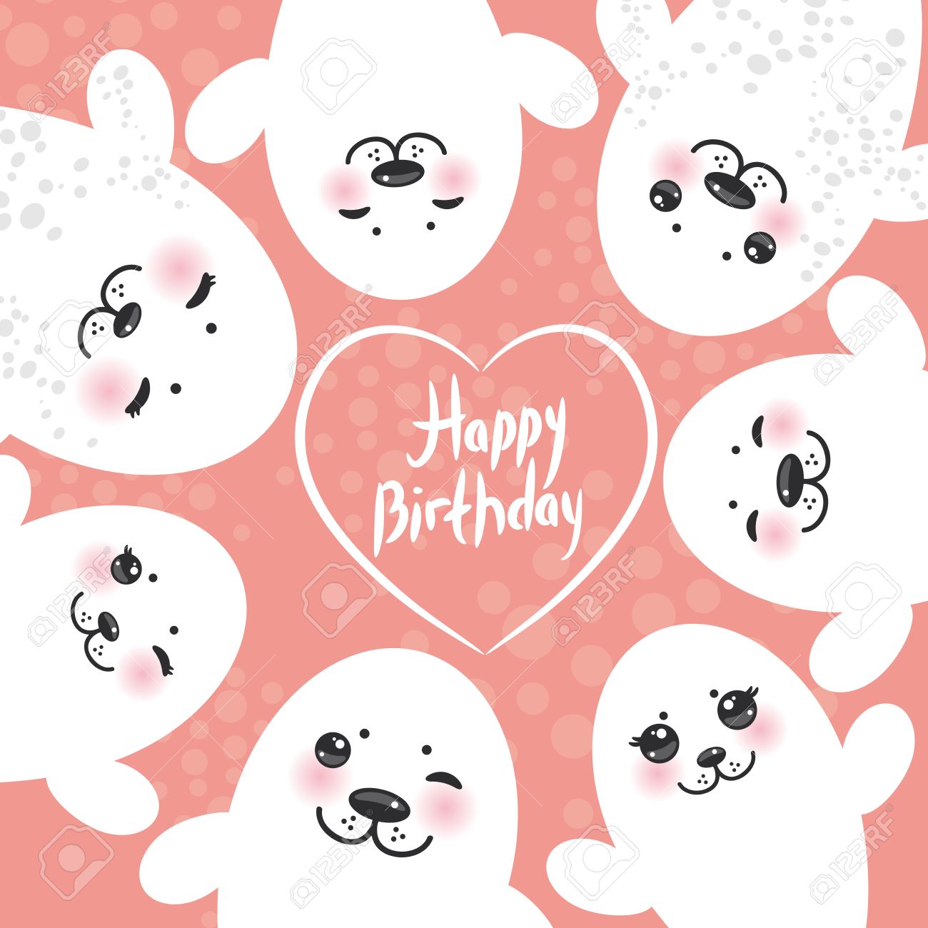 Conception De Carte De Joyeux Anniversaire Droles Blancs Bebes Phoques A Fourrure Les Phoques Clignotantes Mignons Avec Les Joues Roses Et De Grands Yeux Animaux Albinos Kawaii Sur Fond Rose Vector Illustration