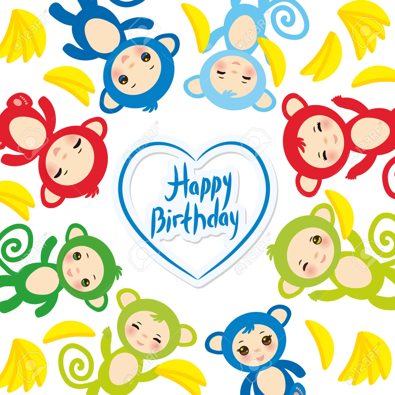 Happy Birthday Card Template Funny Green Blue Pink Orange Monkey Yellow Bananas Boys And Girls On White Background Vector Illustration Royalty Free Cliparts Vectors And Stock Illustration Image