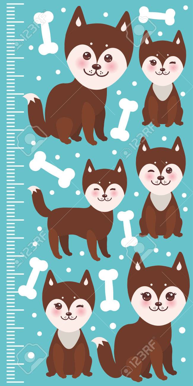 面白いブラウン ハスキー犬と白い骨 大きな目とピンクの頬 少年と青の背景に女の子のかわいい顔 子供高さ計ウォール ステッカー 子供対策 ベクトル図のイラスト素材 ベクタ Image