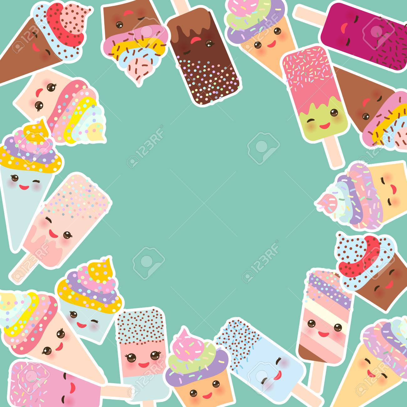 テキストのカード デザイン ラウンド フレーム クリームのカップケーキ アイスクリーム ワッフル コーン アイスキャンディーかわいいピンクの頬とウィンクの目の光にパステル カラー ブルーの背景 ベクトル図のイラスト素材 ベクタ Image