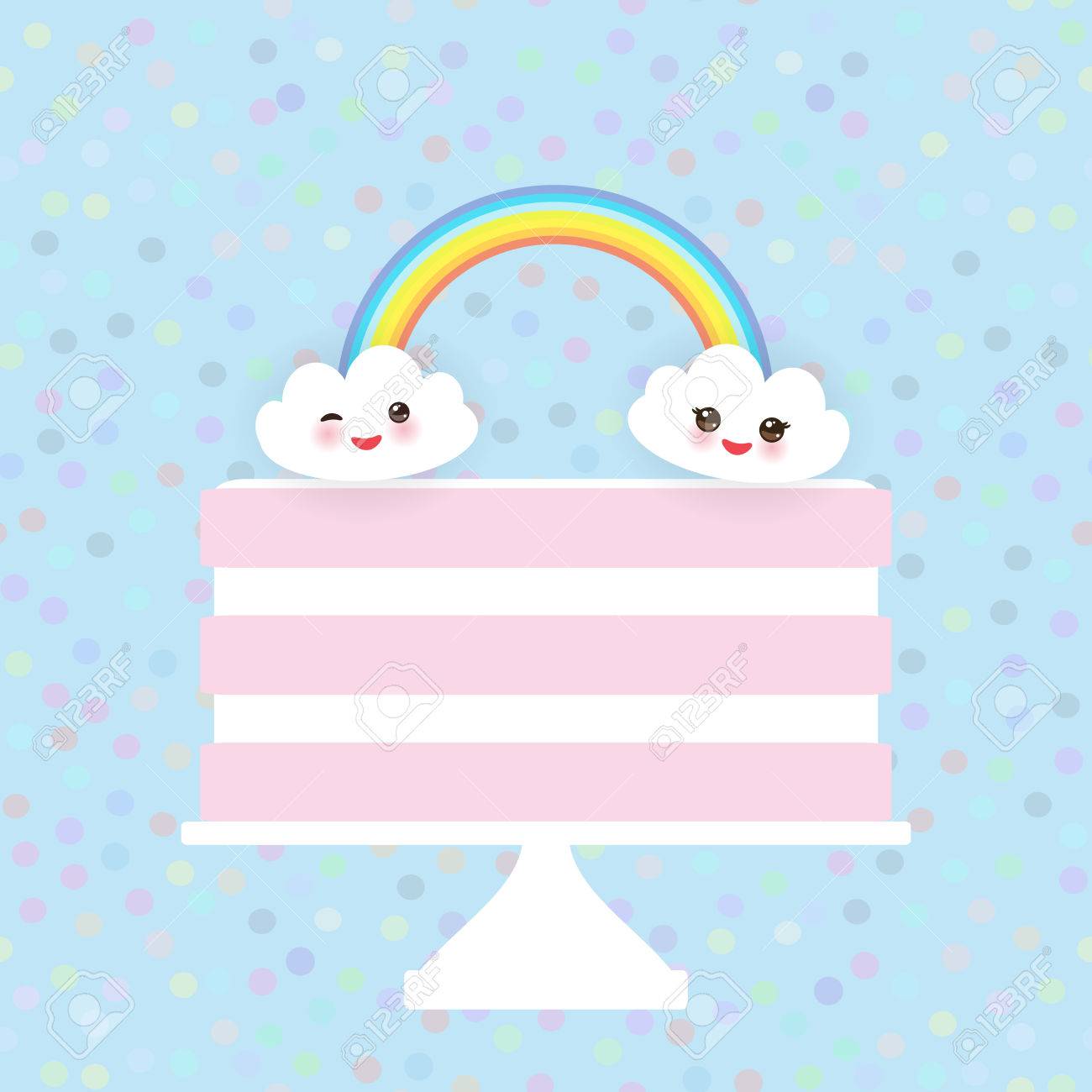 かわいい幸せの誕生日甘いイチゴ ピンクのケーキ ホワイト クリーム 雲 虹 バナー デザイン カード テンプレート 水色水玉の背景にパステル カラー ベクトル図のイラスト素材 ベクタ Image