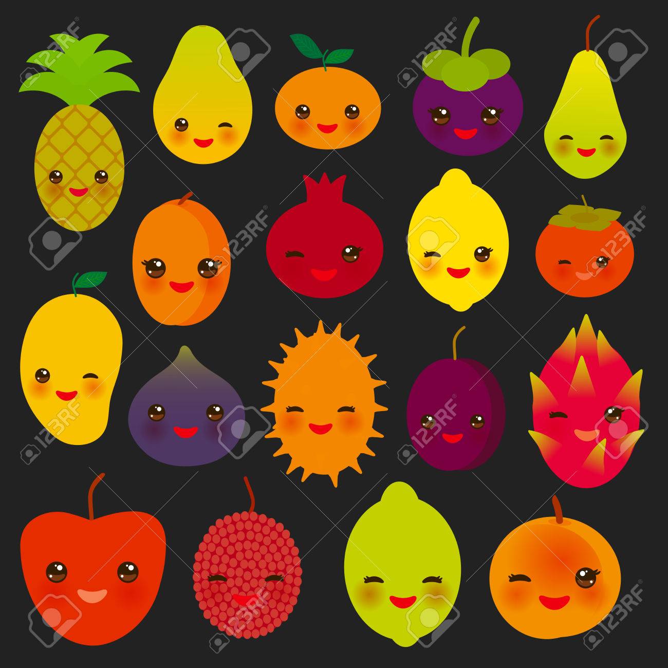 Set Of Cute Funny Kawaii Fruit Pear Mangosteen Tangerine Pineapple Papaya Persimmon Pomegranate Lime Apricot Plum Dragon Fruit Figs Mango Peach Lemon Lychee Apple Kiwanon Black Background Vector Illustration Royalty Free Cliparts