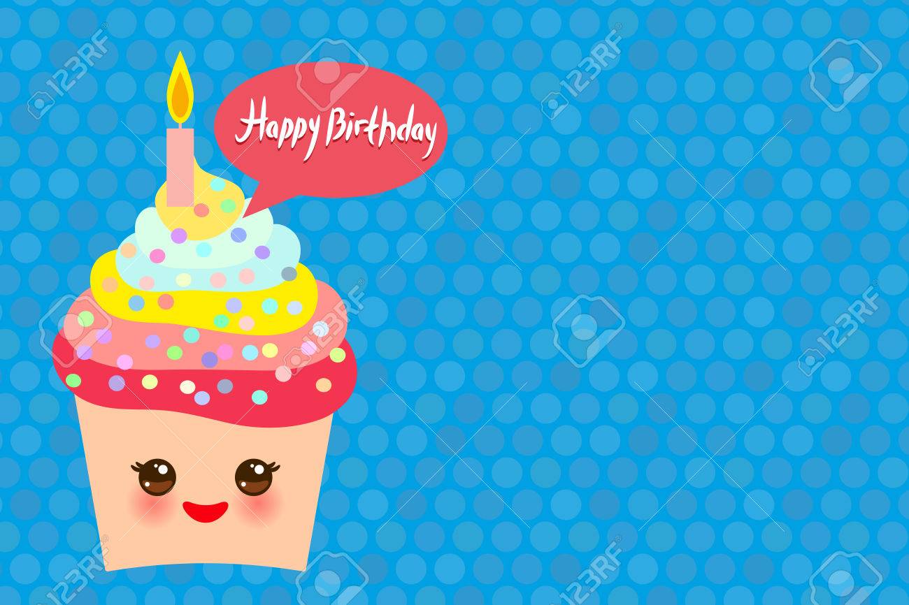 Joyeux Anniversaire Carte Design Avec Cupcake Kawaii Museau Drole Avec Des Joues Roses Et Des Yeux Clignotants Des Couleurs Pastel Sur Fond Bleu Illustration Vectorielle Clip Art Libres De Droits Vecteurs