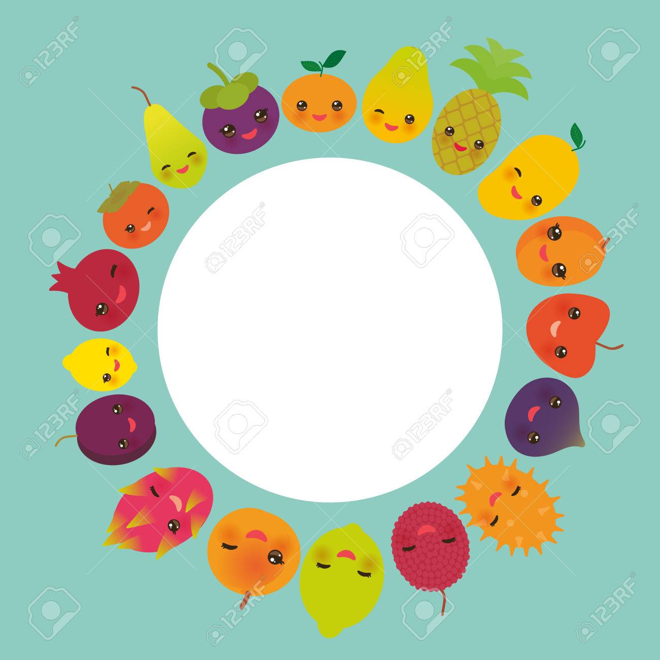 丸いフレームかわいい面白い果物梨マンゴスチンみかんパイナップル パパイヤ柿ザクロ アプリコット ライム梅ドラゴン フルーツ イチジク ピーチ マンゴー レモン ライチ アップルについて キワノ青い背景 ベクトル図 のイラスト素材 ベクタ Image 41