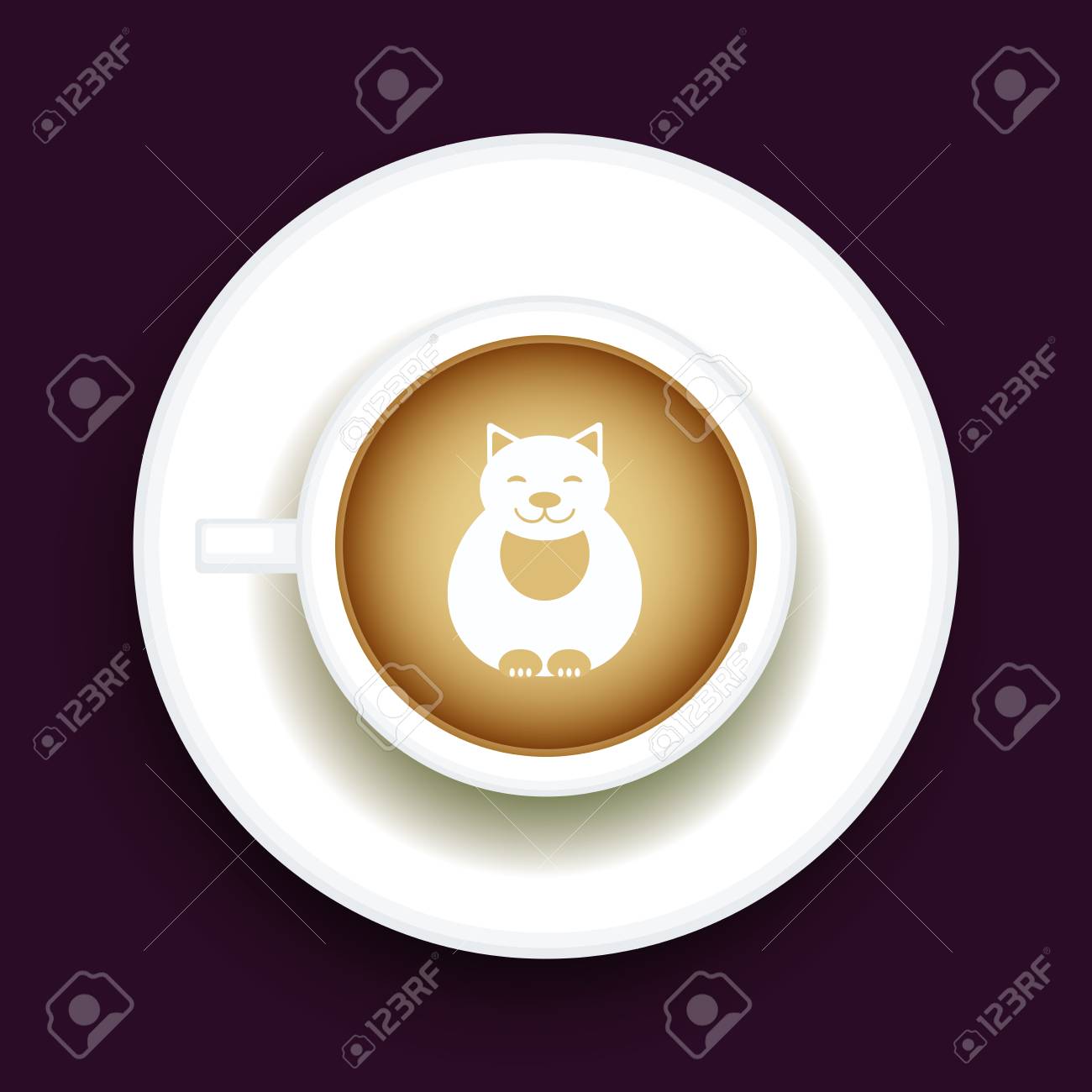 キティコーヒーラテアート動物 黒いテーブルの背景にソーサーとカプチーノカップのトップビュー形状の泡アート かわいい猫とコーヒーカップを描くラテアート ベクトルイラスト のイラスト素材 ベクタ Image