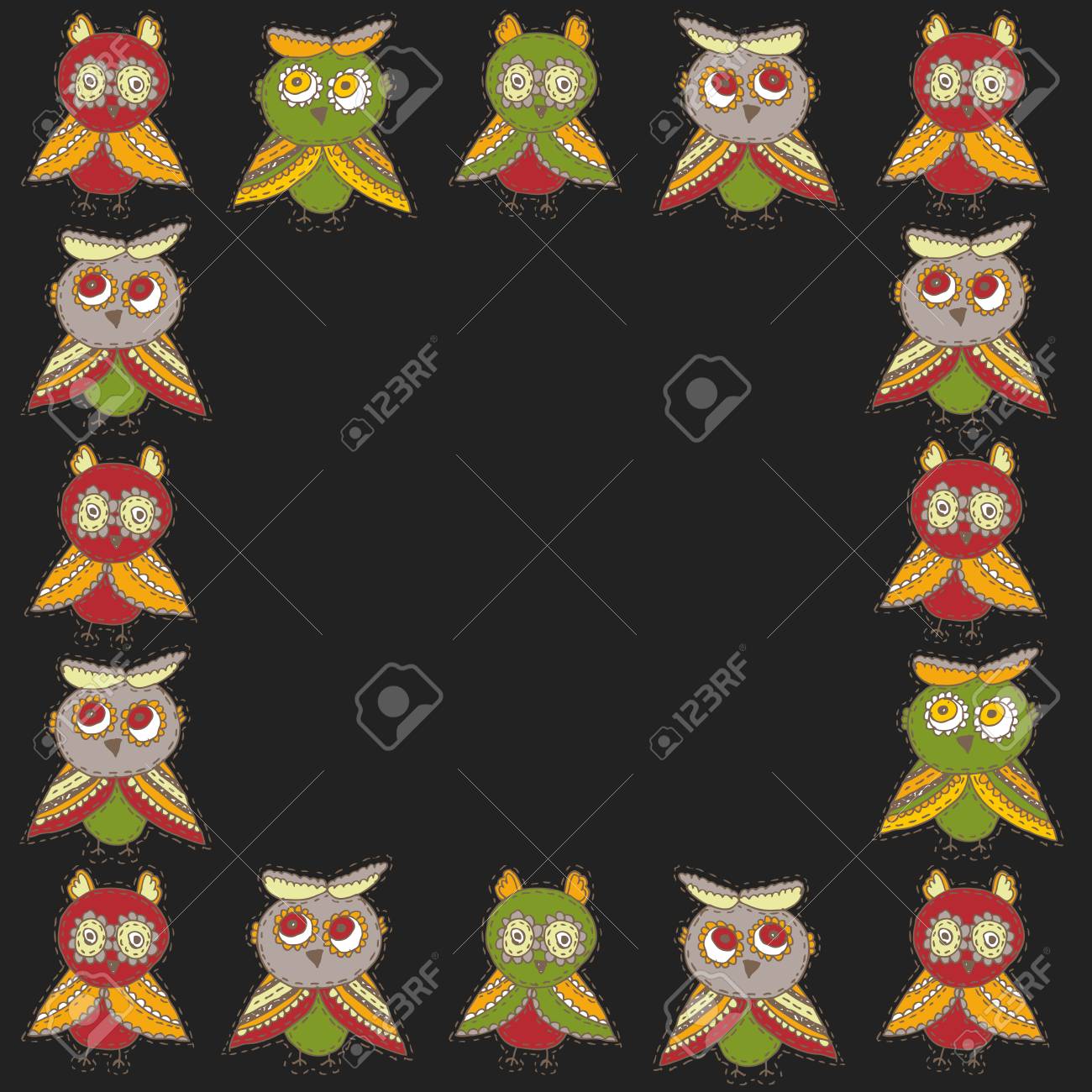 正方形のフレームかわいいキャラクター漫画フクロウやフクロウは 黒の背景に落書き緑茶色の暗い赤いバーガンディをスケッチします ベクトルイラストのイラスト素材 ベクタ Image