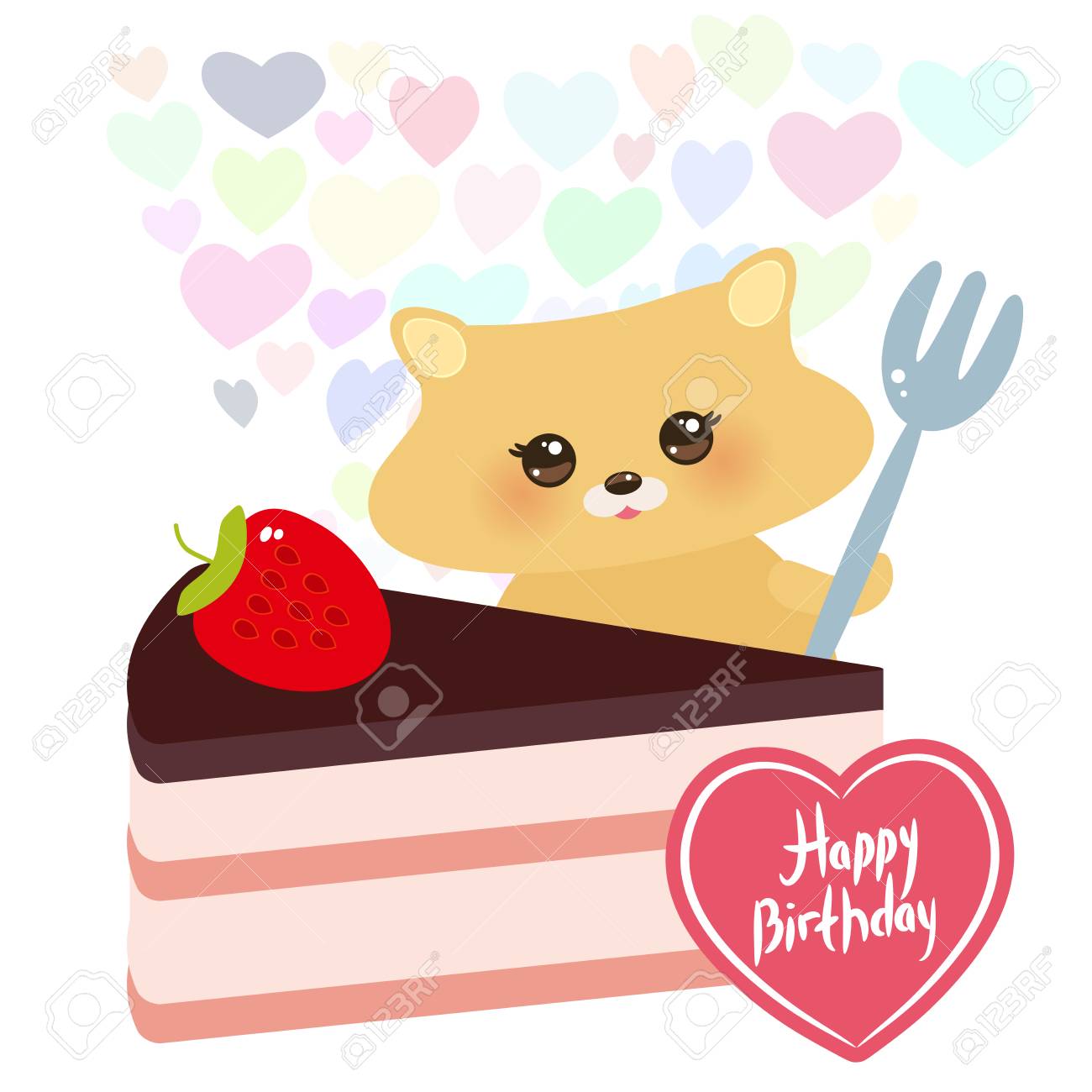 Joyeux Anniversaire Carte Design Hamster Kawaii Mignon Avec Une Fourchette Gateau Sucre Decore Avec Glacage Fraise Creme Rose Et Chocolat Couleurs Pastel Sur Fond Blanc Illustration Vectorielle Clip Art Libres De Droits