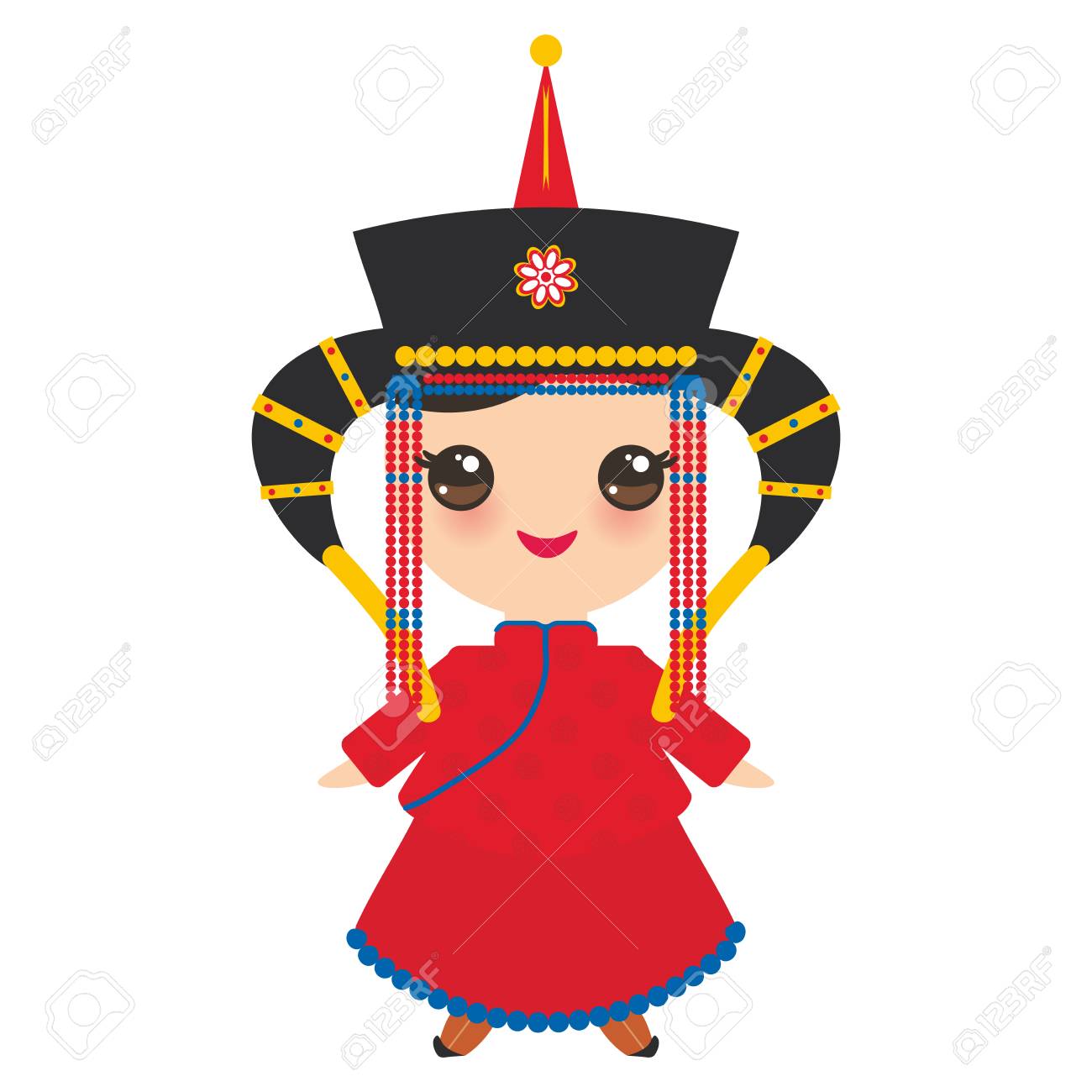 赤い民族衣装と帽子をかぶったモンゴルの少女 白い背景に伝統的なドレスを着た漫画の子供たち ベクトルイラスト のイラスト素材 ベクタ Image