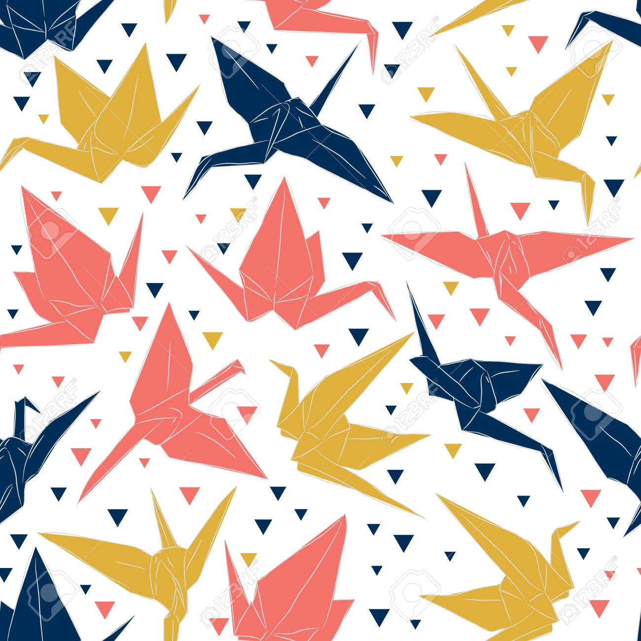 Japanese Origami Paper Cranes Sketch Seamless Pattern Symbol