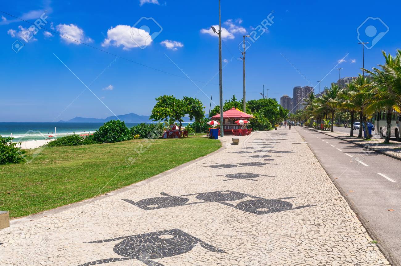 Barra Da Tijuca Beach With Mosaic Of Sidewalk In Rio De Janeiro Stock Photo Picture And Royalty Free Image Image