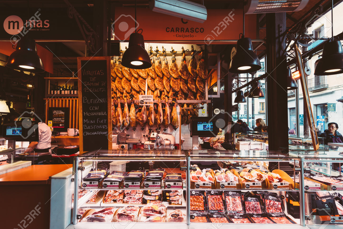 Madrid May 10 Counter With A Ham And Sausage In Mercado San