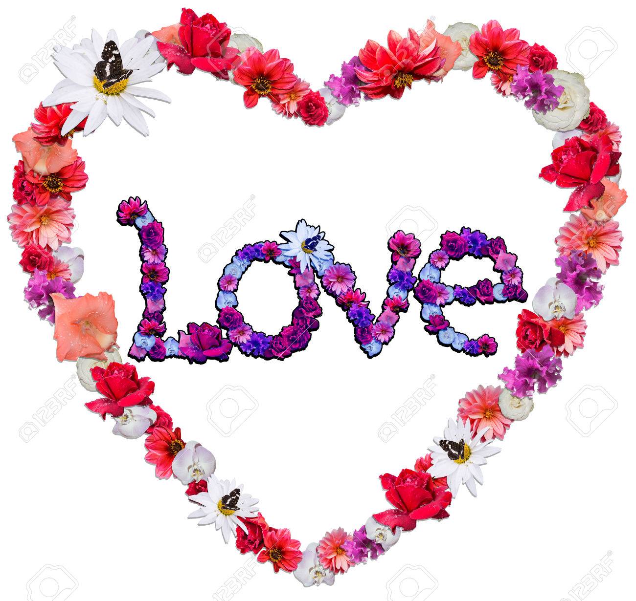 Beautiful Heart With Legend Love Made Of Different Flowers As A Symbol Of  Love On White Background. Heart Consists Of Chamomile, Rose, Dahlia,  Petunia, Orchid That Impart Diversity And Expressiveness To The, image size:1300x1230