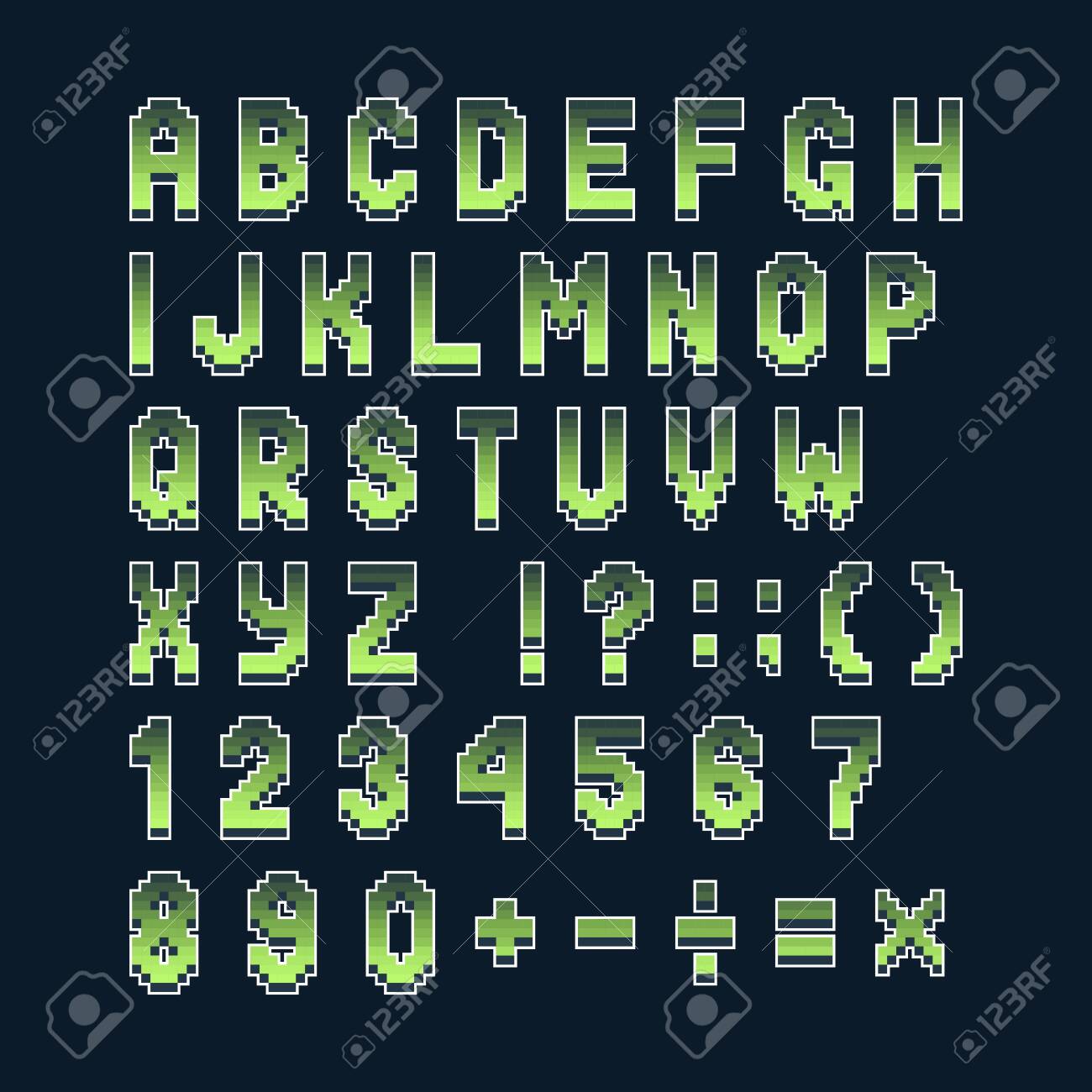 픽셀 복고풍 글꼴 컴퓨터 게임, 비디오, 웹 사이트. 8비트 문자, 숫자 및 기호. 로열티 무료 사진, 그림, 이미지 그리고  스톡포토그래피. Image 151804211
