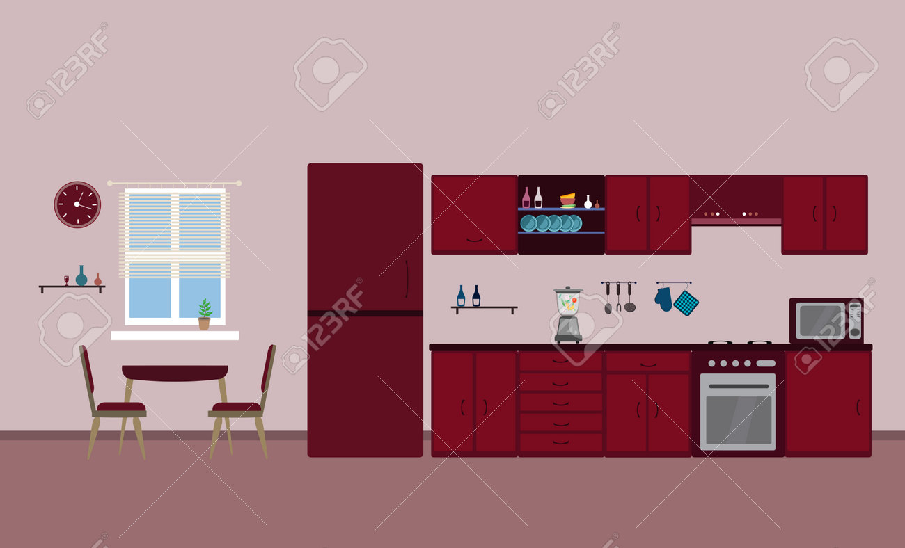 Kitchen red interior dining flat illustration with blender oven refrigerator table with wood table and chair and window and dishes on pink background - 161212626 Kitchen red interior dining flat illustration with blender oven refrigerator table with wood table and chair and window and dishes on pink background - 161212626