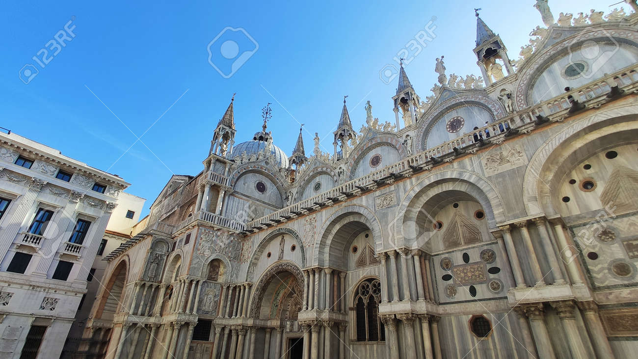 view facade panorama of St. Mark's Cathedral on the horses in venice italy - 163046356 view facade panorama of St. Mark's Cathedral on the horses in venice italy - 163046356