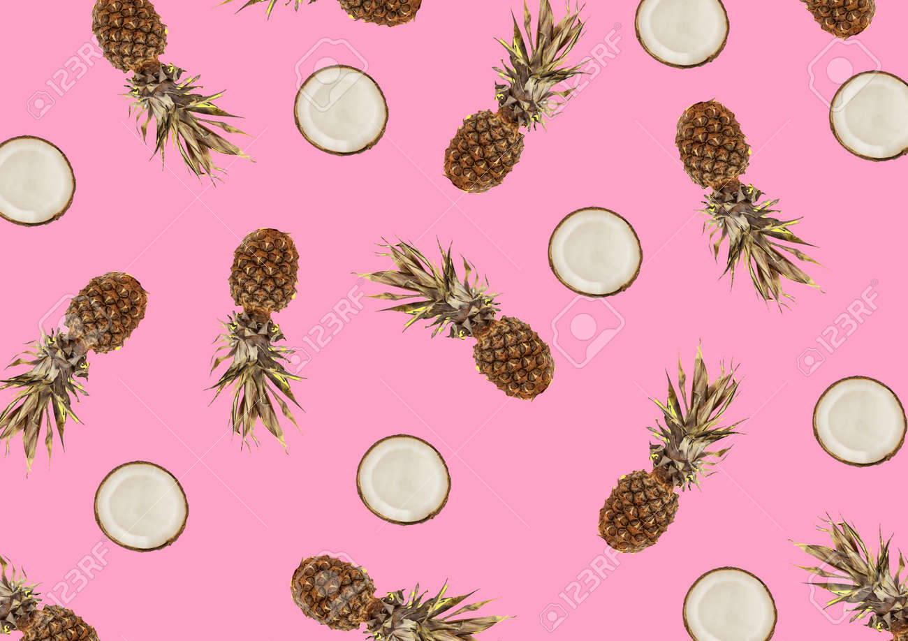 minimalist tropical pattern with exotic pineapple and coconut fruit on a pink background - 163505578 minimalist tropical pattern with exotic pineapple and coconut fruit on a pink background - 163505578