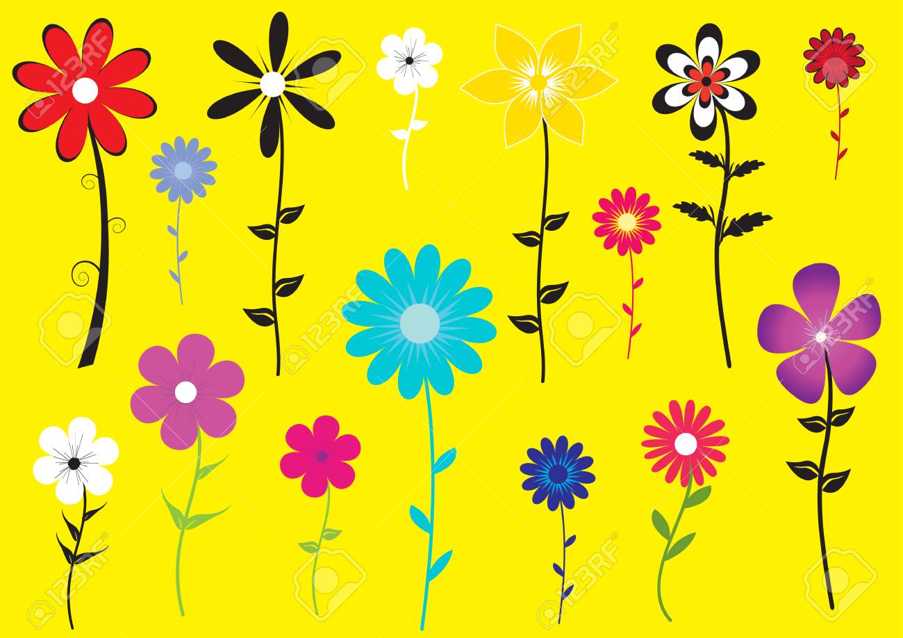 黄色の背景にカラフルな花のイラストのセットのイラスト素材 ベクタ Image 黄色の背景にカラフルな花のイラストのセットのイラスト素材 ベクタ Image