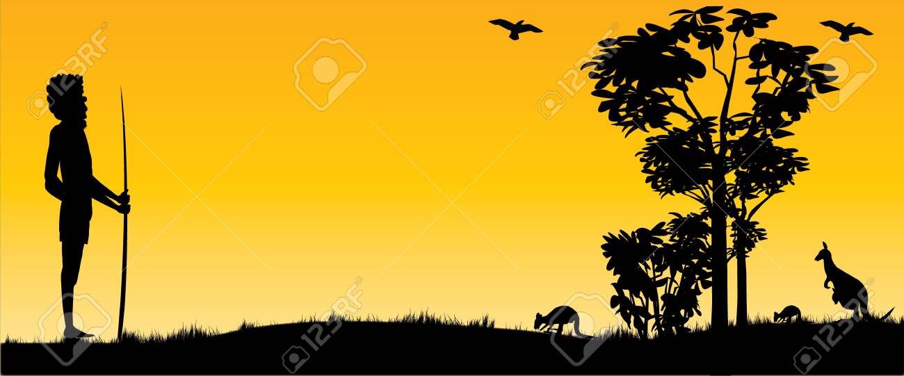 Australian Sunset with kangaroos and hunting aboriginal man as panorama view - 118434704 Australian Sunset with kangaroos and hunting aboriginal man as panorama view - 118434704