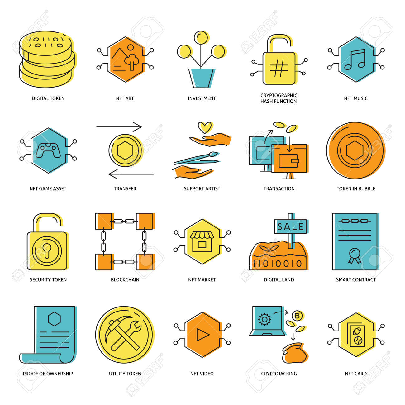 NFTトークンとブロックチェーンアイコンセットのイラスト素材・ベクター Image 184832750