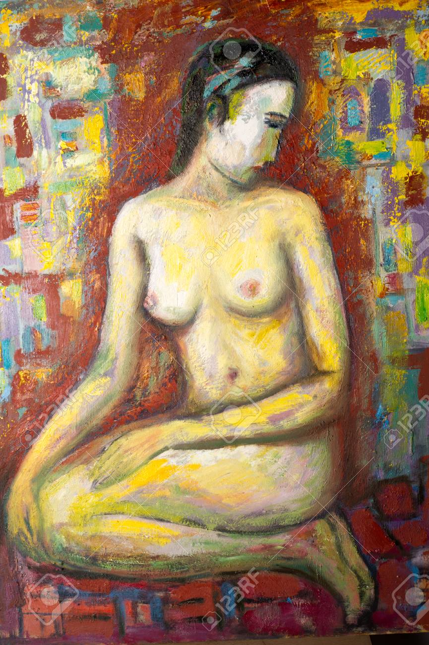 Etnografía, M.Sh. Khaziev. Artista De Honor De Tatarstán. El Cuadro Pintado  Al Óleo. La Noche, La Mujer Desnuda Posando Para El Artista, La Pintura  Representa A Una Mujer Desnuda Fotos, retratos, imágenes