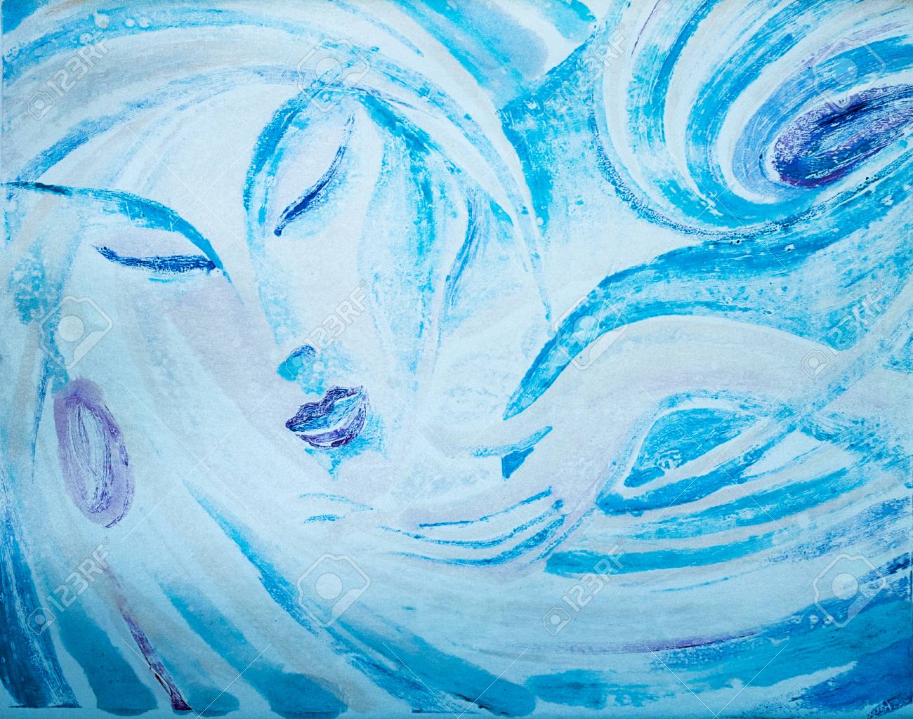 女の子の水彩画の肖像画を描く 少女は海の波の形で提示されます 海の波の中で少女 の写真素材 画像素材 Image