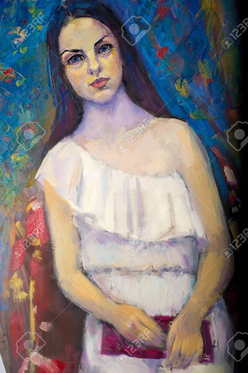 民族 M Sh Khaziev アーティスト画像は オイルで塗装 女性の肖像画 絵画 図面 絵画 または職業や趣味として図面を生産する人 アーティストをポーズの女の子 の写真素材 画像素材 Image